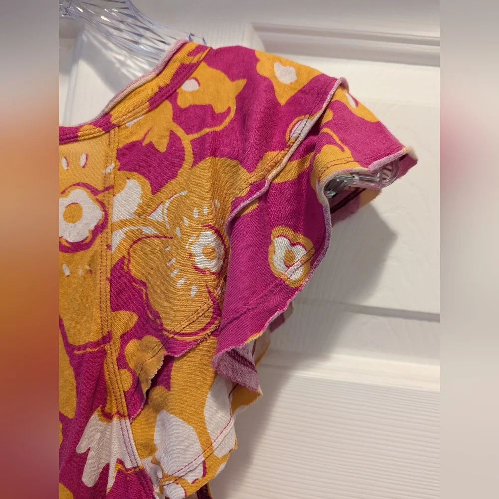 Maeve Anthropologie Pink Yellow Floral Printed Ruffle Short Sleeve Top Size XS - Picture 6 of 8